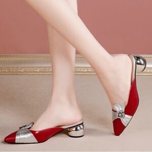 FASHION red & silver slip on leather ribbon embellished size 4 NEW Host Pick🎉🎉X2